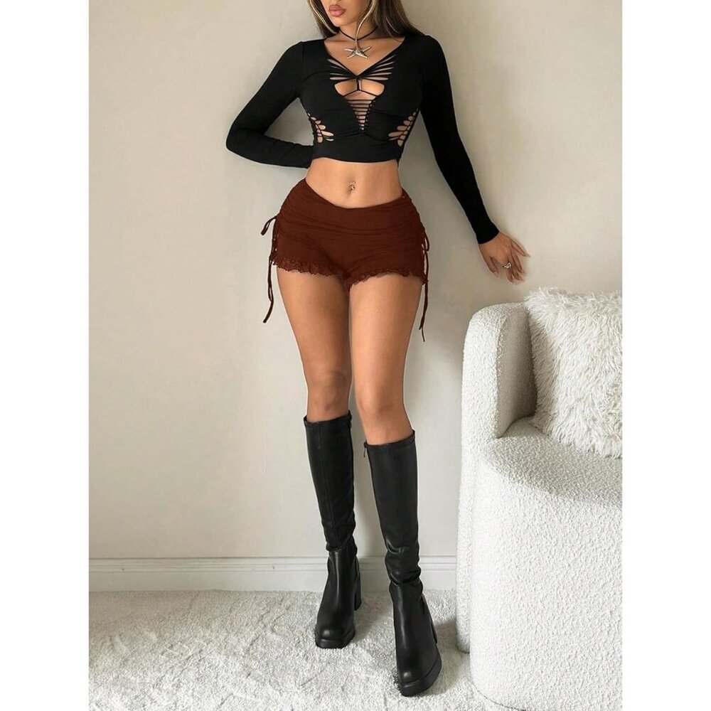 Women's Light Brown Side Drawstring Ruched Lace Shorts Stretchy Mini Shorts - Picture 5 of 5